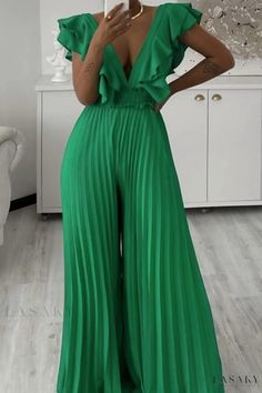 Lasaky - Chic Solid Patchwork Flounce Fold V-Neck Loose Jumpsuit with Casual Elegance Summer Jumpsuit Casual, Pleated Jumpsuit, Stylish Jumpsuit, Loose Jumpsuit, Ruffle Fabric, Casual Jumpsuit, Jumpsuit Fashion, Wide Leg Jumpsuit, Casual Elegance