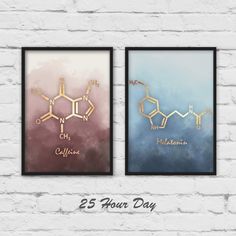 two framed posters with the words, 25 hour day and an image of caffeine