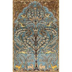 an intricately designed rug with animals and trees