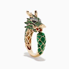 Effy Men's 14K Yellow Gold Diamond, Tsavorite and Malachite Dragon Ring Collectible Green Emerald Ring In 14k Gold, Collectible 14k Gold Emerald Ring, Luxury Green Collectible Jewelry, Green 14k Gold Emerald Ring Collectible, Collectible Green Multi-stone Emerald Ring, Luxury Green Collectible Rings, Luxury Gold Malachite Ring, Elegant Malachite Ring Jewelry, Collectible Dragon Design Jewelry Ring