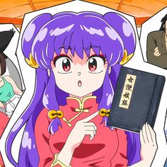 an anime character is holding a book in front of her face and other characters behind her