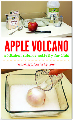 an apple volcano science activity for kids is shown in this collage with text overlay