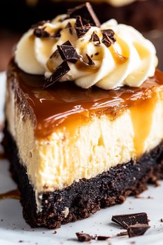 a piece of cheesecake with chocolate and bananas on top