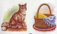 a cat sitting next to a basket with a blanket on top of it, and another painting of a cat in the background