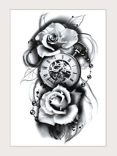 a black and white photo of a clock with roses on it