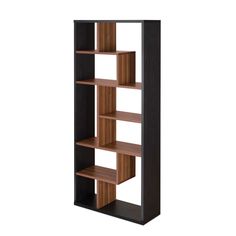 a book shelf with four shelves on each side and three different sections in the middle