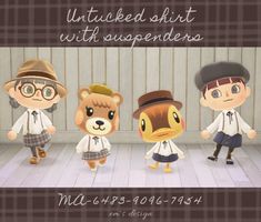 three cartoon characters are standing next to each other in front of a wooden wall with the words, untixed shirt with suspenders