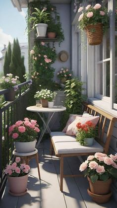 a balcony with potted plants and flowers on it