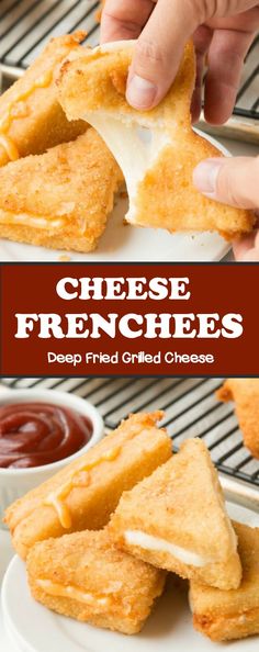 cheese french fries on a plate with dipping sauce in the background and text overlay that reads, cheese frenchies deep fried grilled cheese