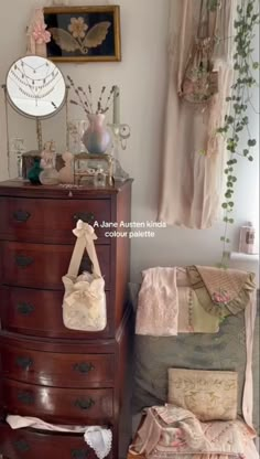 an old dresser with many items on top of it