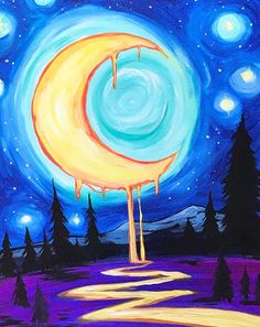 an acrylic painting of a crescent moon in the night sky with stars and trees