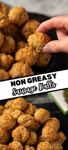 Collage of pile of non greasy sausage balls at top and bottom. Easy Sausage Balls Without Bisquick, Easy Sausage Balls, Easy Sausage Balls Recipes