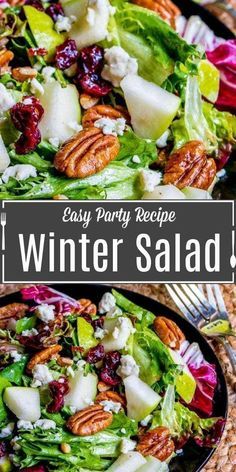 a salad with lettuce, cranberries and pecans in it on a plate