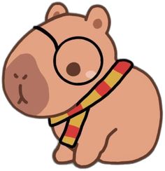 a cartoon pig with glasses and a scarf around its neck, sitting on the ground