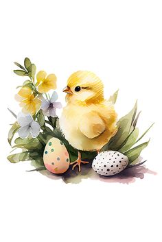 a watercolor painting of a chick with flowers and an easter egg on the ground