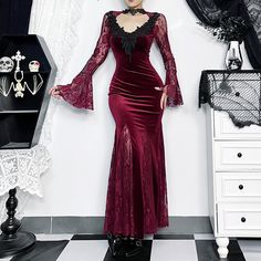 Women's Elegant Directional Design Long Dress 2024 Hot Sweetheart Pure Lust Dark Lace Fishtail Long Design Long Dress, Gothic Lace, Backless Midi Dress, Fishtail Dress, Long Sleeve Dresses, Red Prom, Long Midi Dress, Dress 2024, Printed Long Dresses