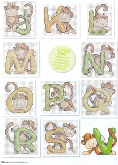 cross stitch alphabets with monkeys and letters in the upper right hand corner, on a white background