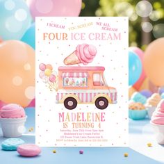 an ice cream truck birthday party with balloons and confetti