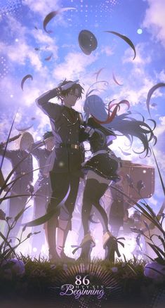 two anime characters are standing in front of the sky with their arms around each other