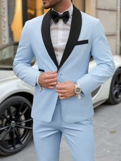 Baby Blue Work Collar   Colorblock  Embellished Non-Stretch  Men Clothing