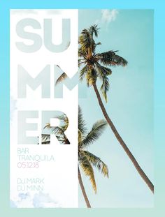 a poster with palm trees and the words summer on it's front side, against a blue sky background