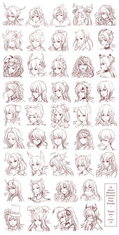 an anime character's face and head sketches