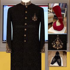 Description Black Rao Silk with heavy embroidery work, customzied sherwani package(Marron & Golden Aitchison Kulla and Embellished Khussa) which is adorned with classic golden embellishment for elegant look. Sherwani Groom Wedding Royals, Indian Wedding Outfits For Men, Wedding Suits Men Blue, Black Sherwani, Formal Menswear, Formal Attire For Men, Marriage Story, Prince Coat, Groom Dress Men