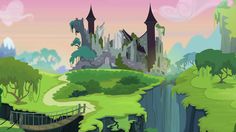 a cartoon scene with a castle in the distance and a bridge leading to another building