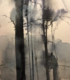 an abstract painting of trees in the woods with fog and watercolors on paper