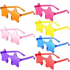 six pairs of colorful sunglasses with stars on the sides, all in different colors and shapes