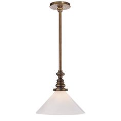 an antique brass finish pendant light fixture with white glass shades on the top and bottom