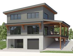 a rendering of a two story house with an attached porch and covered patio area on the second floor