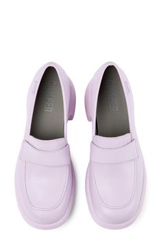 A curving block heel and platform lend a modern touch to this '90s-inspired loafer that brings attitude to a variety of ensembles. Removable insole Leather upper/recycled-polyester lining/synthetic sole Imported Platform Block Heels, Platform Loafers, 90s Inspired, Purple Leather, Pastel Purple, Loafers For Women, Leather Loafers, Block Heels, Leather Upper