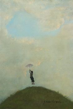 a painting of a person holding an umbrella on top of a hill