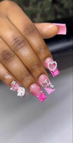 Birthday Nails Inspo Medium, Pink Kaws Nails Design, Gemini Birthday Nails Short, Pink Birthday Nails Black Women, Medium Bling Nails, Acrylic Nails Designs Unique, Cute Freestyle Nails, Hard Nails, Long Acrylic Nail Designs