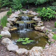 a small pond surrounded by rocks and water lilies