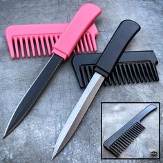 a pink comb and two black knives next to each other