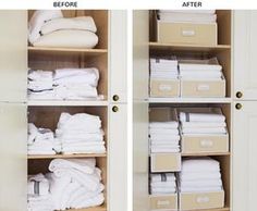 the closet is full of folded towels and linens, before and after being cleaned