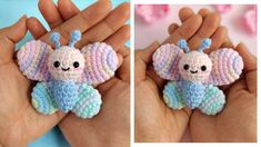 there is a small crocheted elephant in the palm