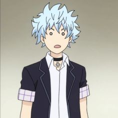 an anime character with blue hair wearing a black vest and white shirt, standing in front of a gray background