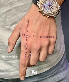 Text Based Tattoos, Tattoo For Hand Men, Tiny Tattoos Men, Tattoo Text Ideas Men, Text Tattoo Men, Motivational Tattoos For Men, Word Tattoos For Men, Hand Tattoo Men, Tattoo Quotes Men