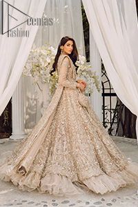 Nikah Bridal Wear Light Fawn Frilled Heavy Maxi – Dupatta Walima Brides, Walima Bride, Walima Dresses, Pakistani Bridal Lehenga, Nikah Outfit, Pakistani Bridal Dress, Cultural Fashion