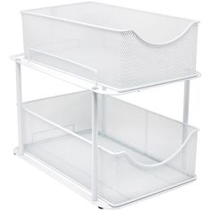 two white mesh bins are stacked on top of each other