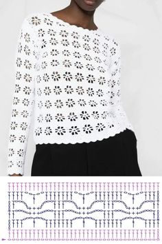 an image of a woman wearing a white top with crochet patterns on it