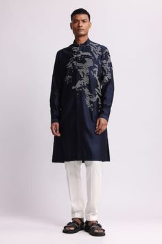 Navy chanderi kurta with thread placement embroidery. Comes with pant. - Aza Fashions Embroidered Straight Cotton Silk Kurta, Straight Kurta With Intricate Embroidery, Embroidered Cotton Silk Straight Kurta, Embroidered Silk Bandhgala Straight Kurta, Embroidered Silk Bandhgala Kurta, Silk Embroidered Bandhgala Kurta, Designer Straight Kurta With Floral Embroidery, Straight Cotton Silk Kurta With Floral Embroidery, Cotton Silk Kurta With Floral Embroidery