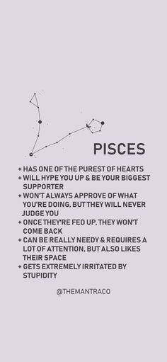 the zodiac sign pisces is written in black and white on a light purple background