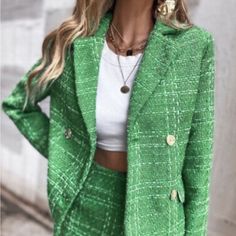 Zara Tweed Blazer Green Tweed Blazer, Zara Tweed Blazer, Zara Tweed, Green Tweed, Zara Blazer, Green Blazer, Tweed Blazer, Zara Jackets, Colored Blazer