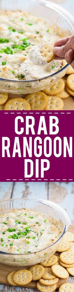 crab rangoon dip with crackers in the foreground and on the right side