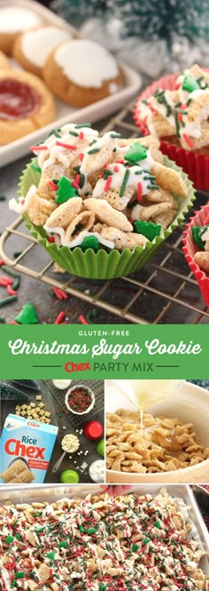 christmas sugar cookie recipe collage with cookies and sprinkles in the background