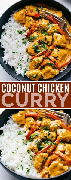 coconut chicken curry served over white rice in a pan